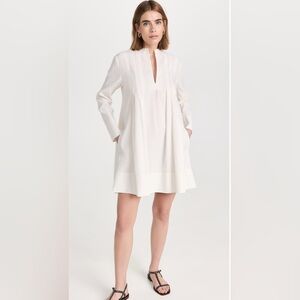 Vince Trapeze Pleats Linen-Blend Mini Long Sleeve Dress V Neck White Sz 0 $445